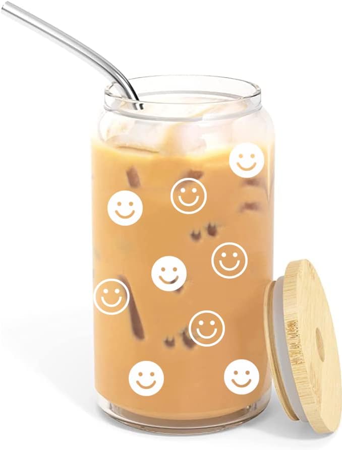 Smiley Face Copo de vidro com tampas e canudos - Tumbler com tampa e palha - 16 oz de café gelado com tampa de bambu