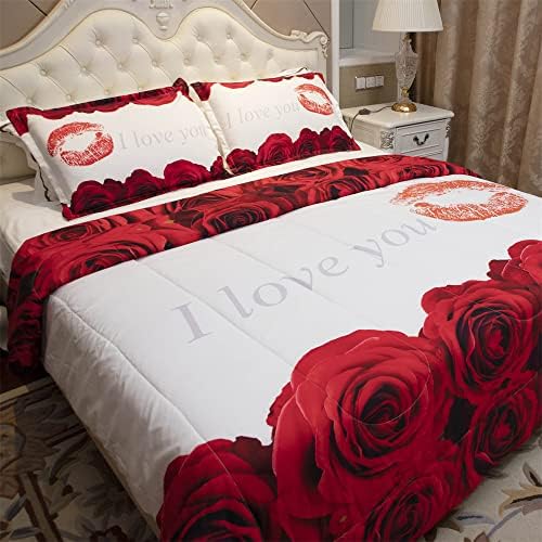 Conjunto de edredom 3D King - Red e White Rose Print Conjunto King Tamanho da sala floral Decoração Conjunto de roupas de cama