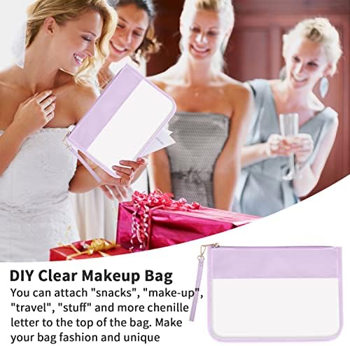 Bolsa de zíper transparente IQIMOTT, bolsa de bolsa cosmética de maquiagem transparente para mulheres meninas, chenille letra de higieness saco