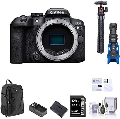 Canon EOS R10 Mirrorless Digital Camera Body, pacote com cartão de memória de 128 GB, mochila, bateria extra, carregador