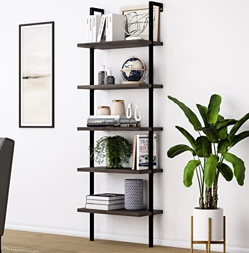 Nathan James Theo Wood Modern Bookcase Modern, estante de escada de parede aberta com moldura de metal industrial, noz-moscada marrom escura/preto