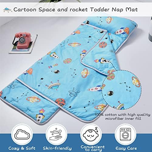 Tapete de soneca de criança com travesseiro removível, bolsa de dormir macio e leve para criança, estampado de foguete