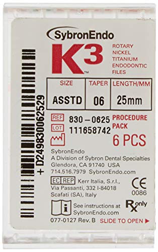 Sybronendo 830-0625 K3 Niti Endo Arquivo Pacote de procedimento, 0,10 mm de cone rosa, 25 de ponta, cor de ponta vermelha, níquel-titanium, 17 mm de comprimento
