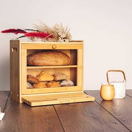Cozinha sete caixa de pão grande para bancada de cozinha-caixa de pastelaria de bambu de 2 prateleiras com tábua de corte,