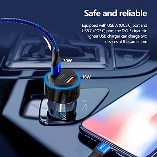 Carregador de carro DyUf USB C 48W, adaptador de carregador de carro rápido, com cabo de carregamento rápido de 60w