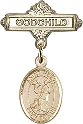 Rosgo do bebê de obsessão por jóias com o charme de St. Roch e o pino de emblema de Deus | Distintivo de bebê cheio de ouro