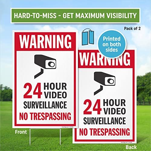 SmartSign 12 x 18 vigilância por vídeo 24 horas sem invasão de placas de pátio com estaca, lados duplos, grandes