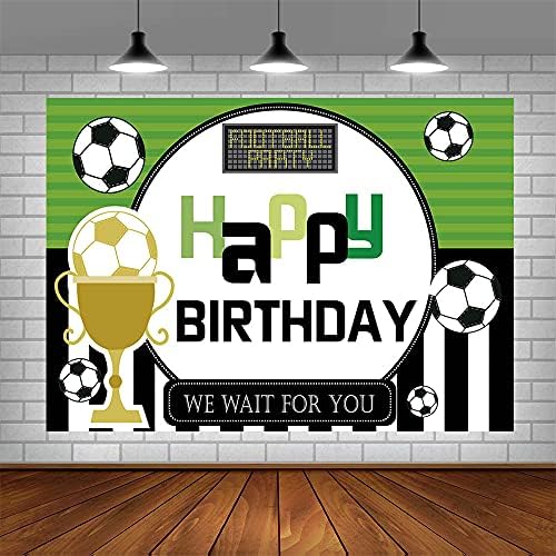 Ablin 7x5ft garoto feliz aniversário Decorações de festa de futebol Troféu de campeões de futebol Aguardamos por você Green Lawn Black