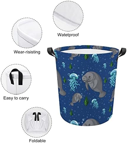 Cesto de lavanderia do peixe -boi e água -viva com alças de lavanderia arredondada cesto de armazenamento de lavanderia para banheiro do quarto