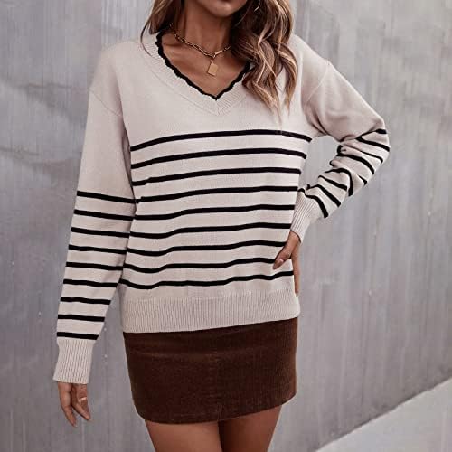 Suéter feminino Roupa de moda Sweater Stripe de decote em V Lace Slim Fit Knited Bottoming Crewneck Sweater