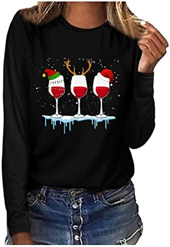 Tops de Natal feminino Pullover de impressão de boné de capim com vidro de vidro padrão de manga longa camisetas gráficas