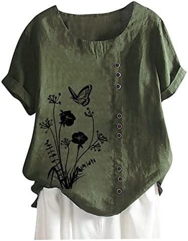 2023 Tops de verão para linho de algodão feminino camisetas de túnica curta de túnica moderna blusa de camisa casual estampada floral