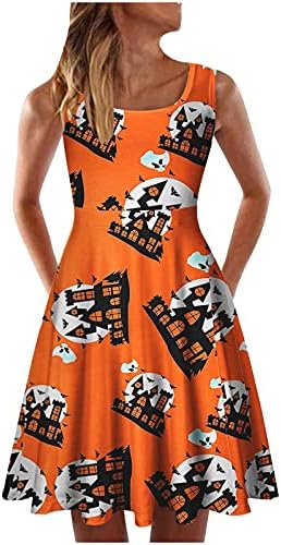 Vestido de Halloween para mulheres Slim Scoop Scoop Midi Dress A-Line Flare Sol Dresses Casual Party Cocktail Dress