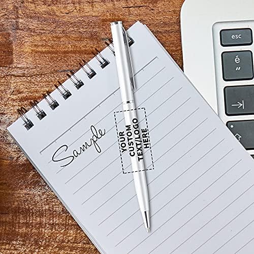 Promoções de desconto 50 Skinny Ballny Metal Pens - Texto personalizável, logotipo - elegante, torcer, tinta preta - prata