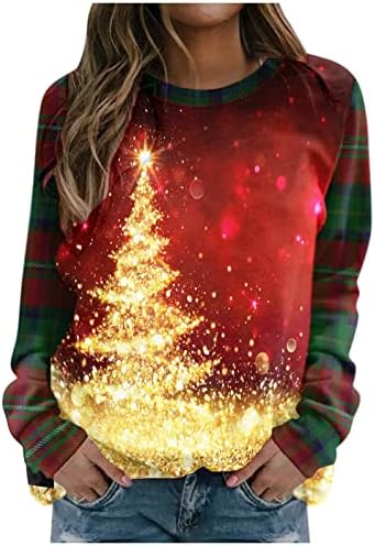 Camisetas de manga longa nokmopo para mulheres moda casual impressão de natal redonda de pescoço t-shirt top lixo espessado