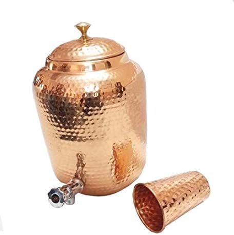 4 ltr. Indian Handmade Ayurveda Benefit Water Tap Pot tanque de armazenamento de água de cobre puro com 1 vidro