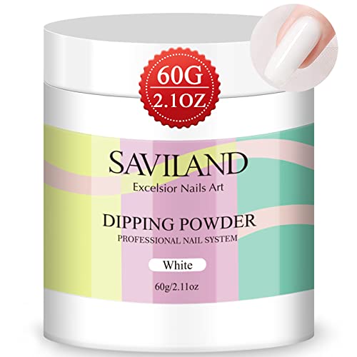 Saviland White Dip Powder - 60g/2,1 onças DIP em pó para unhas de unhas de unhas francesas, fortalecer unhas, mergulhar branco/mergulho de unhas brancas para iniciantes, sem necessidade de lâmpada de unhas, presentes para mulheres