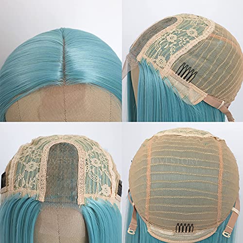 Lovestory Blue claro Longo Longo reto sintético Substituição de cabelos para mulheres resistentes ao calor sintético sem peruca de renda