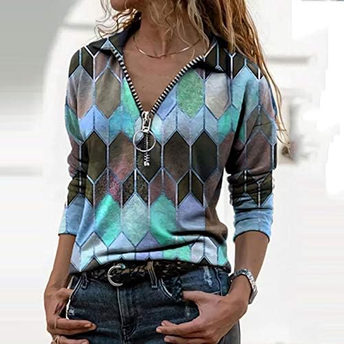 Camisas de manga longa da primavera feminina Fashion lapela de lapela impressão geométrica Zipper camiseta de camiseta casual