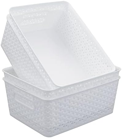 Cestas de armazenamento de plástico obstinadas para organizar caixas de cesta de plástico branco, conjunto de 4