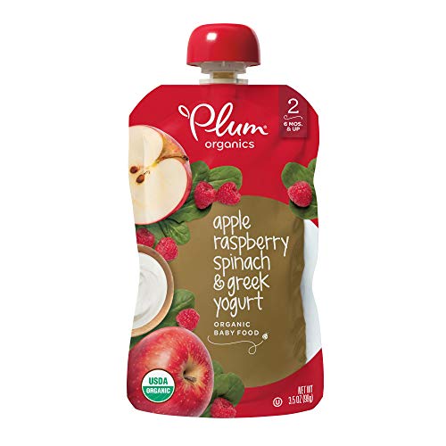 Plum Organics | Estágio 2 | Refeições orgânicas de comida para bebês [mais de 6 meses] | Apple, framboesa, espinafre e iogurte grego | Bolsa de 3,5 onças