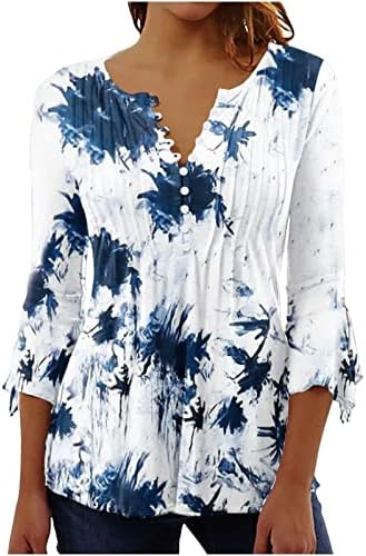 Túdos de túnica de impressão floral para feminino Button Crewneck para baixo planta blusas de manga curta camisa de pulôver solta
