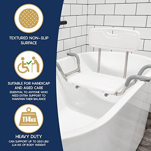 Evekare Bath Montado assento com suporte traseiro | Cadeira de banho para deficientes, idosos, adultos envelhecidos | Se encaixa na maioria dos tamanhos de banho, aço inoxidável 304 de serviço pesado | Suporte 250 IBS / 114 kg. | Não deslizamento, anti-skid