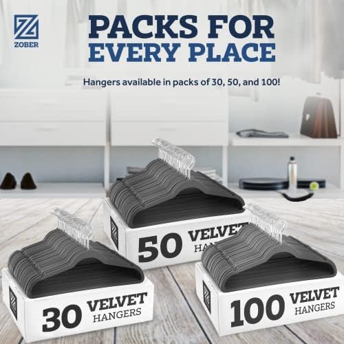 Zober Velvet Cabide 100 pacote - cabides cinza para casacos, calças e roupas - conjunto de roupas sem deslizamento com giro de 360 ​​graus, segura até 10 libras - cabides de feltro fortes para roupas