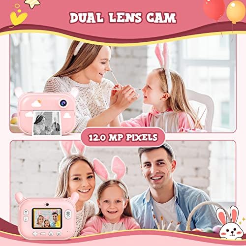 Tohsssik Impressão instantânea Câmera infantil para meninas 3-12, 2 lentes 1080p Record, câmera de coelho wifi para crianças, cordão