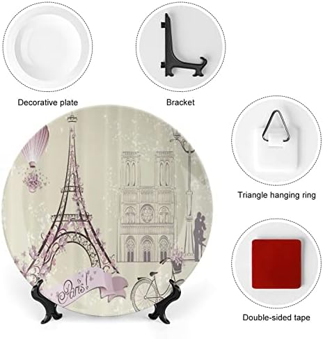 Placa decorativa romântica de Paris Placa de cerâmica redonda Placa de porcelana com display para decoração de casamento de festa