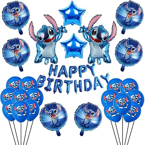 Balões de 38pcs Lilo e Stitch, balões de alumínio de 24 polegadas, balões de bandeira de balões de feliz aniversário de 16 polegadas,