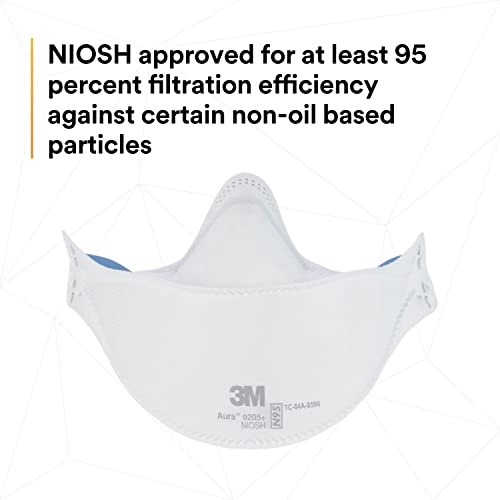 3M AURA Particulation Respirator 9205+, N95, pacote de 20 respiradores descartáveis, embrulhado individualmente, 3 painéis de design plano permite movimentos faciais, confortáveis, aprovados pelo NIOSH aprovados