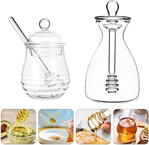 Hemoton Honey Pot 2 Sets Glass Honeypot com Dipper e tampa Cristal de mel Jar jarra de colméia Distanteador de mel Pot de xarope de vidro com pau de mela