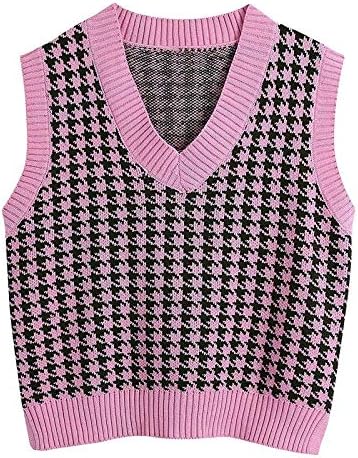 Zefotim Mulheres Houndstooth padrão de malha com colete sem mangas com decote em V 90s Coloque Voltar de Coloque Y2K Cami Sweater Colet