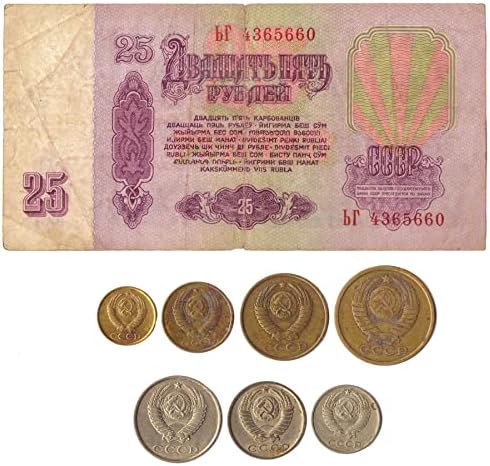 7 Conjunto de Kopeks | 1 NOTA DE RUBLER | União Soviética | Cccp | URSS | Coleção de dinheiro da Guerra Fria | 1961-1991