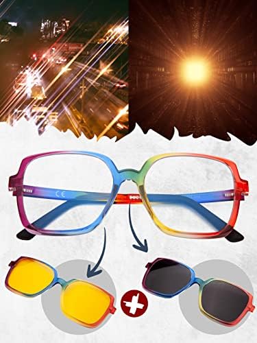 Jo Night Driving Glasses, Glass Great Square Blue Light com óculos de sol magnéticos lentes e lentes de condução noturna