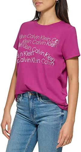 Calvin Klein feminino cotidiano feminino de manga curta Camiseta de algodão de algodão Jersey