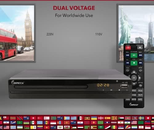 Impecca DVHP9117 DVD Player para TV Multi-Region HDMI, RCA AV CABO, USB, CD MP3 Playback, Big Button Remoto, Compact HDMI DVD Player, Scan Progressive Up-Convert para 1080p, LED Display 2.0 Ch, 100-240V
