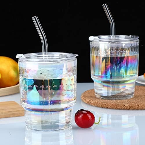 Yingxue copo de vidro de água com tampas e palhadas 2 PCs, 12 onças de copo iridescente de copo de vidro de vidro com copo de chá gelado de copo de arco -íris colorido de vidro largo de pedreiros de boca largo para suco de café gelado