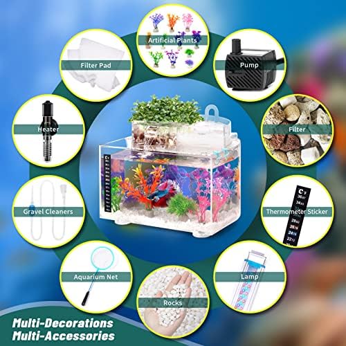 Betta Fish Tank Kit, Aquário Aquário de 3 galões Auto -limpeza com luz LED, filtro, aquecedor, decorações e acessórios - ideal para o sistema de cultivo hidropônico e aquaponia