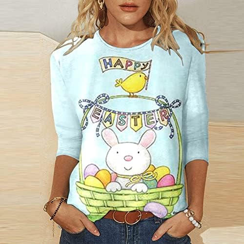 Camiseta feminina 3/4 manga Crewneck algodão Floral Cute Bunny Fantas