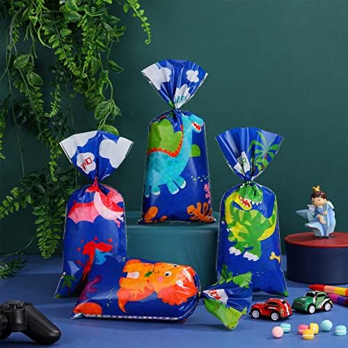 HOTOP 100 PCs Dinosaur Sacos de celofane Favor Favor Gift Com Ties Blue Pink Goodie Dino Birthday Treat Candy Decas