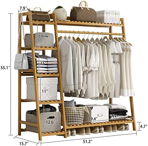 Baveke Bamboo Rack Rack de 7 prateleiras de armazenamento de camadas Rack de roupas penduradas, organizador de armário de guarda -roupa