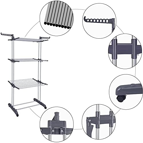 Rack de secagem de roupas, lavanderia dobrável de 4 camadas Rack de secagem de aço inoxidável com 2 asas laterais ajustáveis,