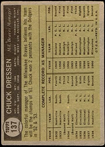 1961 TOPPS # 137 Chuck Dosen Milwaukee Braves Dean's Cards 2 - Good Braves
