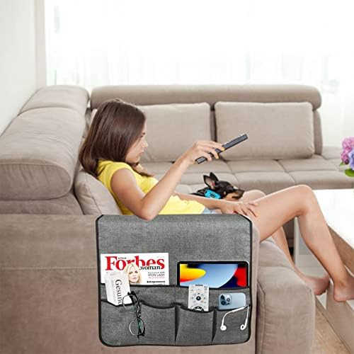 Organizador do apoio de sofá GrooFoo, suporte de controle remoto não deslizante para sofá de poltrona reclinável, caddy de poltrona com 6 bolsos para revista, tablet, telefone, iPad, cinza