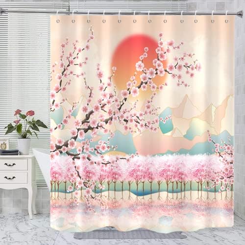Cortina de chuveiro de flor de cerejeira GKLEASG, tecido de máquina de sol japonês de máquina de sol asiática lavável para