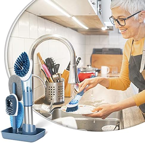 Sabão Savikoze Dispensação de escova de prato, lavadora de pratos com 1 suporte e 4 cabeças de escova substituível, escova de cozinha