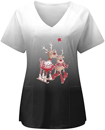 Impressão feminina de Natal de manga curta Camiseta de bolso atendente