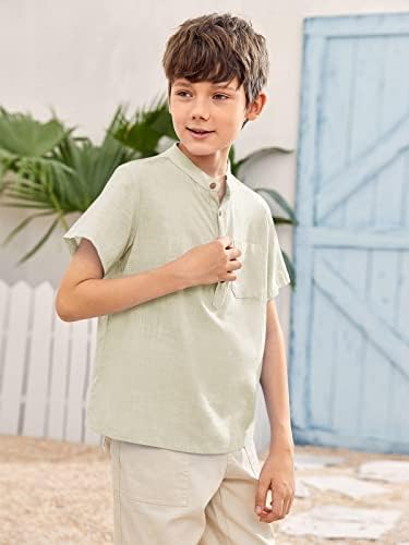 Inorin Boys Butrow Up Henley camisa de manga curta Camisas de vestido de algodão de linho de verão camisetas com um bolso